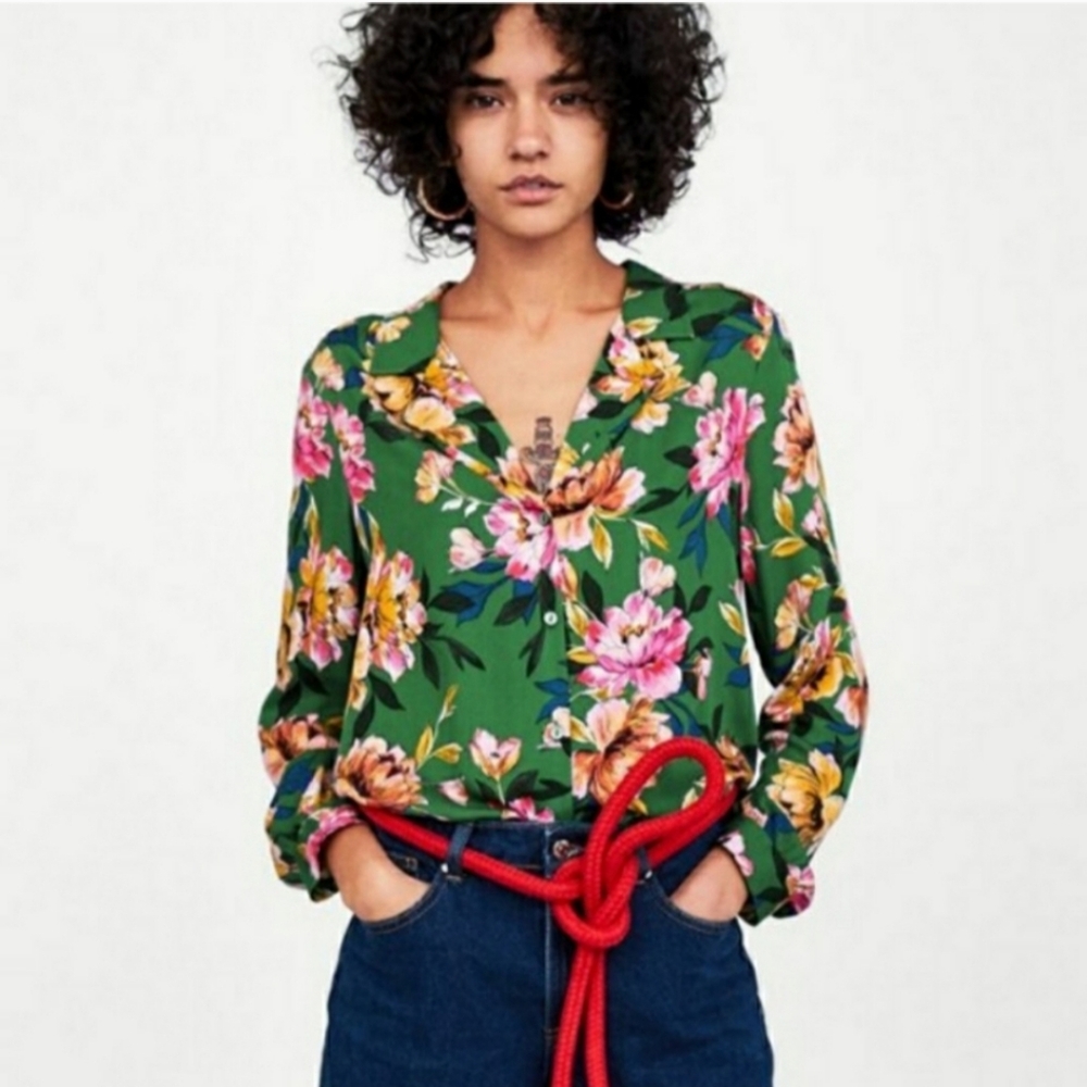 Zara Green Floral Blouse with Pink and Yellow Flowers